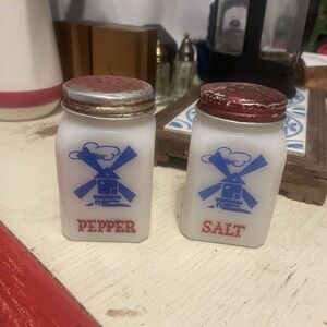 Vintage Hazel Atlas White Milk Glass Dutch Windmill Salt and Pepper Shaker Set